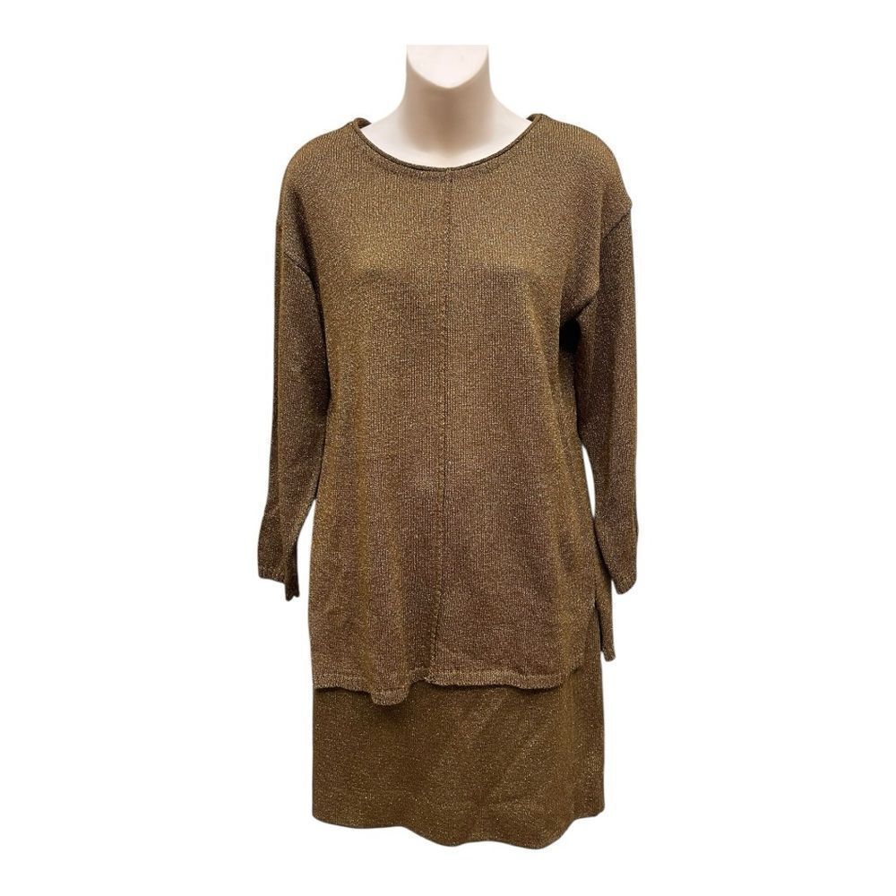Vintage Carole Little Gold Metallic Knit Sweater Top with Matching Skirt Size SP